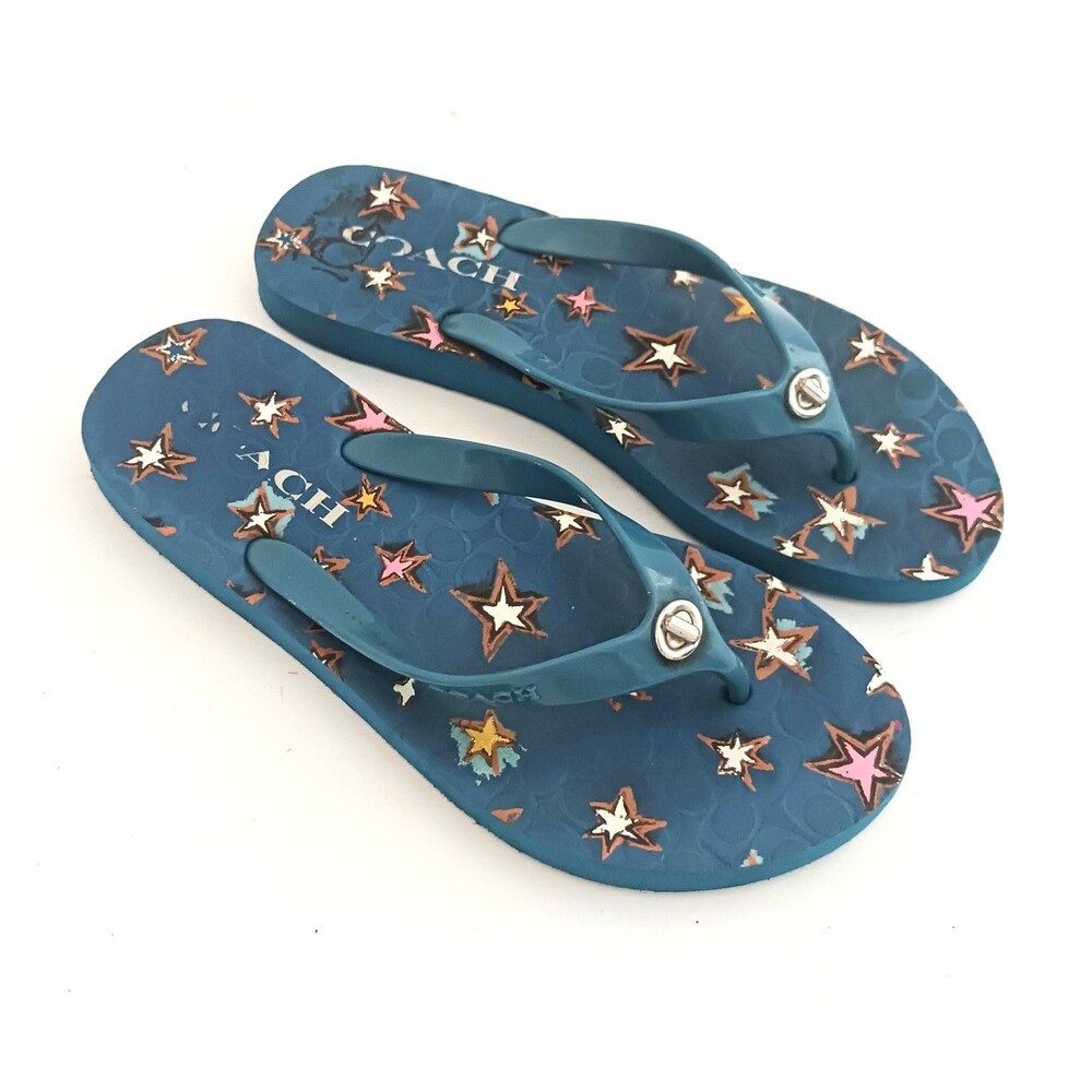 COACH Abigail Turnlock Flip Flops Blue w Stars C Logo Insole Sz 7